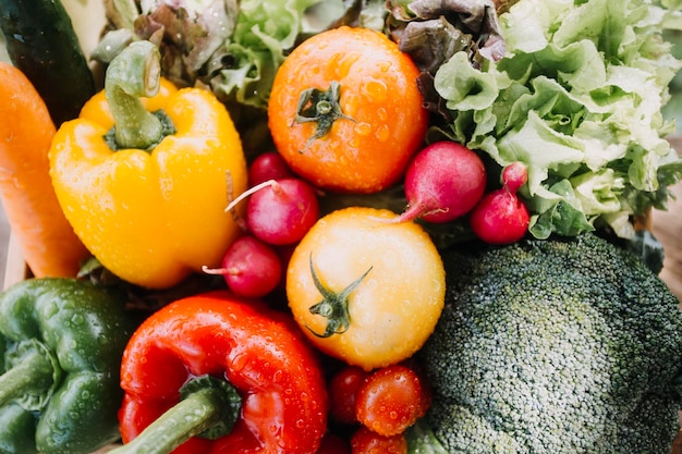 Female farmer working early on farm holding wood basket of fresh vegetables and tablet