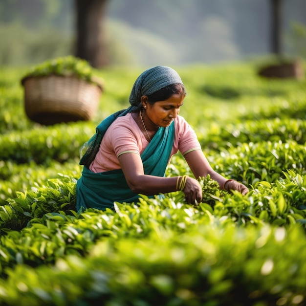 写真 茶畑で茶を集める女性農家 aiが生成された