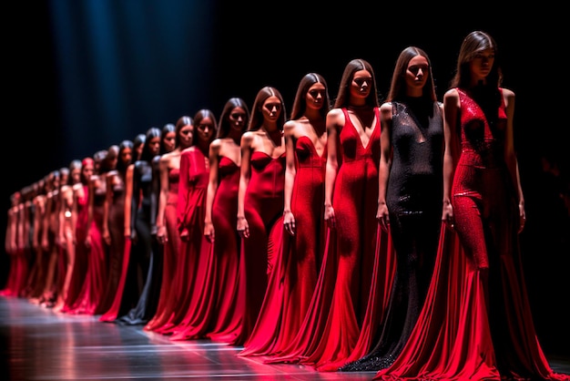 Foto modelle di moda femminili in lunghi abiti eleganti rossi e neri che camminano sulla passerella di una sfilata di moda