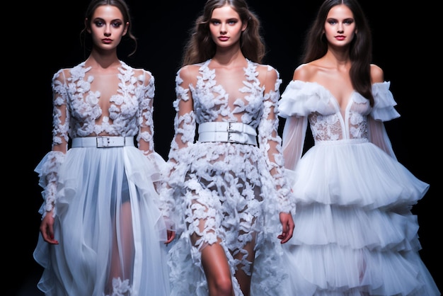 Female fashion models in white wedding dresses walking the runway at a fashion show