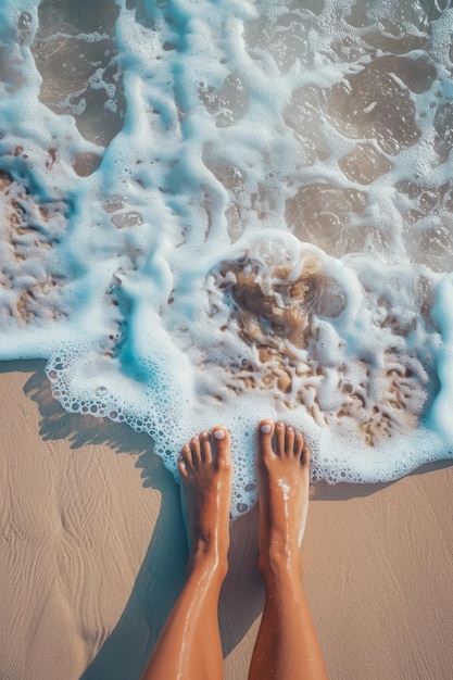 female feet on the sand at the beach Generative AI