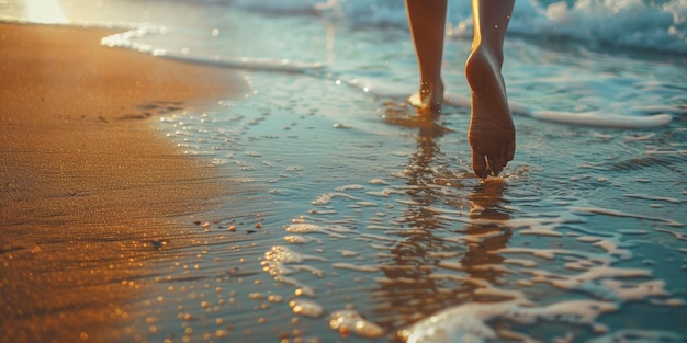 female feet on the sand at the beach Generative AI