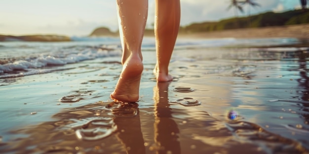 Женские ноги на песке на пляже Генеративный ИИ