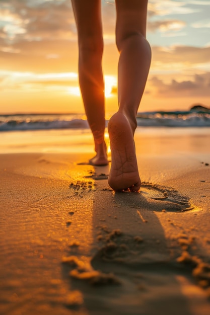 female feet on the sand at the beach Generative AI