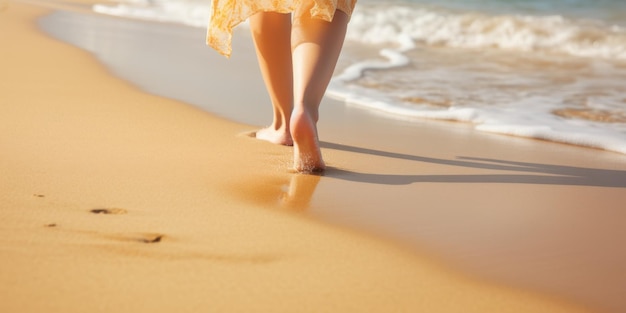 female feet on the sand at the beach Generative AI