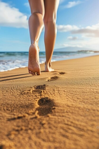 female feet on the sand at the beach Generative AI