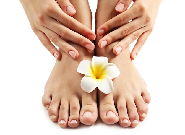 Female feet at spa pedicure procedure with plumeria isolated on white