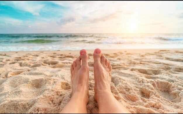 Female feet on white sandy beach background the sea