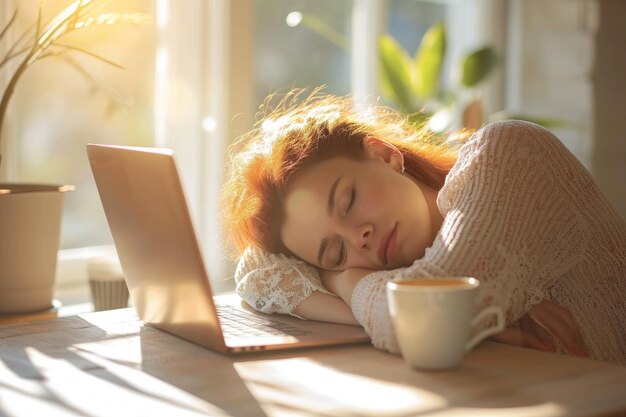 female fell asleep while working on her laptop with a cup of coffee next to her with sunlight coming from the window in the morning