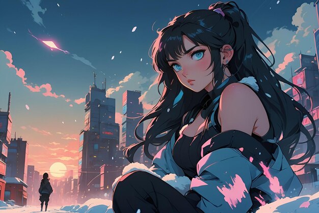 A female figure in a futuristic city environment with the snow piling up