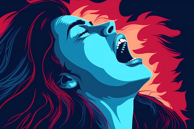 唇が開いた女性の姿と血の赤い背景が描かれている
