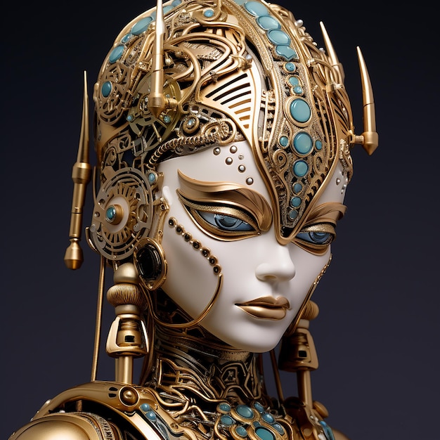 a female figure with a gold headdress and blue eyes.