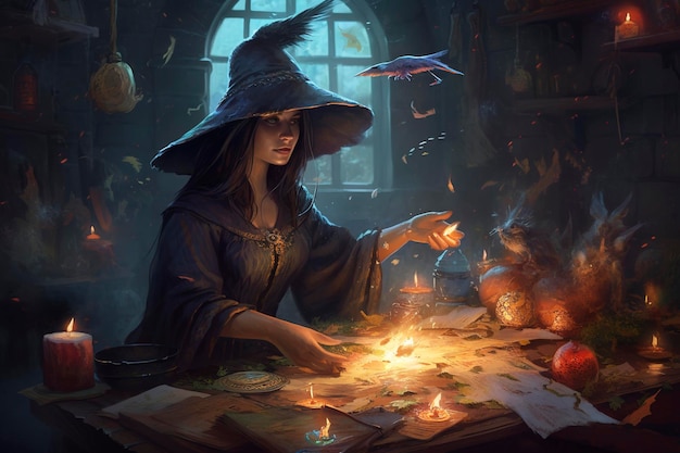 Female fire magician on black background Generative AI Fire witch portrait Female sorcerer cast flame magic Halloween background Flame magic background generate ai