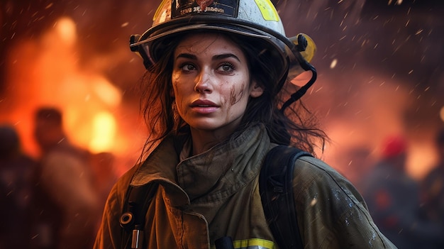 Female firefighter against the backdrop of a burning building Portrait of a rescuer at a disaster AI