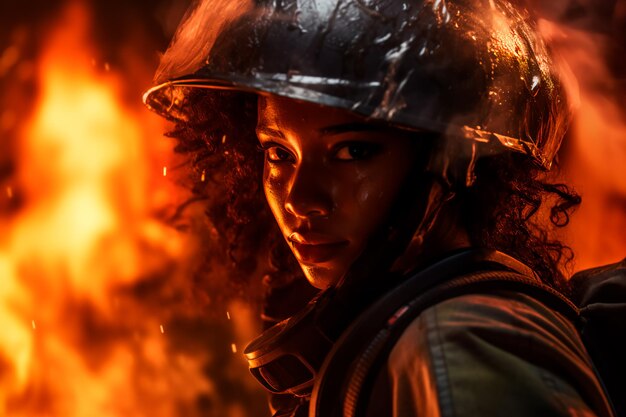 A female firefighter battling a fire