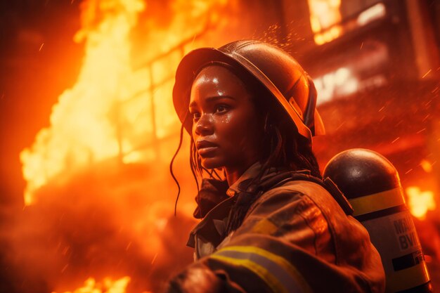 A female firefighter battling a fire