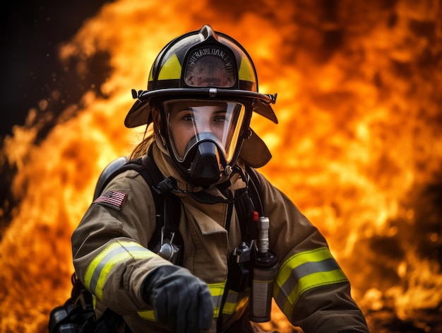 Female firefighter bravely battles the fire