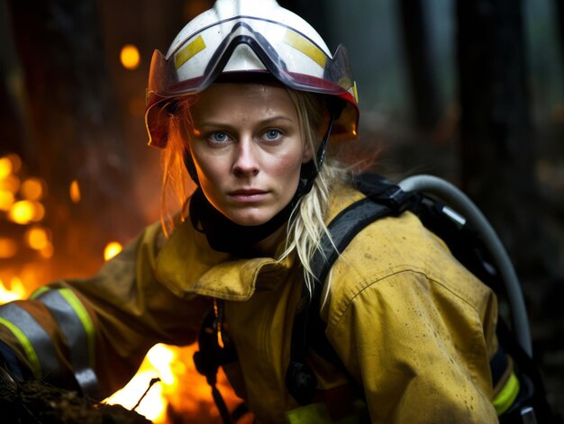 Foto il pompiere femminile combatte coraggiosamente il fuoco