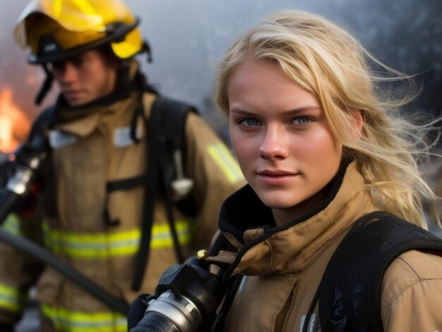 Photo female firefighter bravely battles the fire