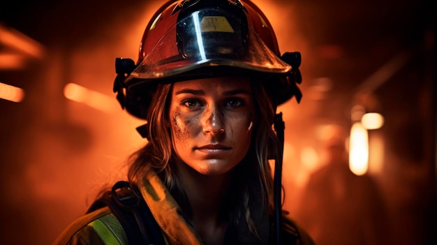 Female firefighter heroic stance burning building glow