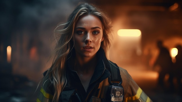 Female Firefighter Posing in Front of Raging Fire With a Helmet Women History Day