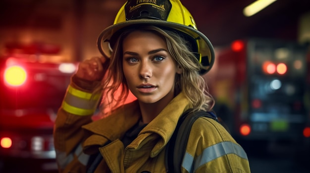 Female firefighter in protective uniform standing near truck