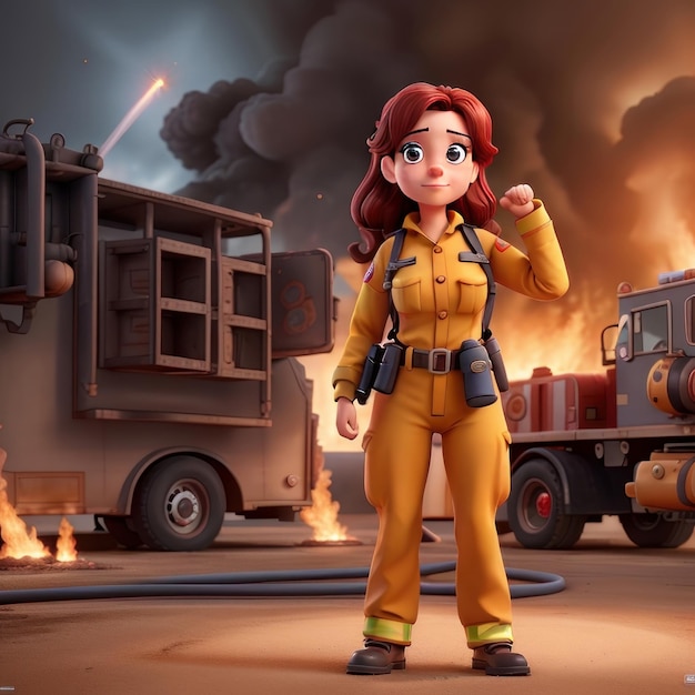 A female firefighter stands in front of a fire truck with a fire extinguisher behind her