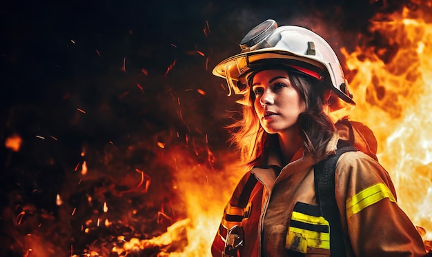 불 앞 에 헬 을 착용 한 여성 소방관