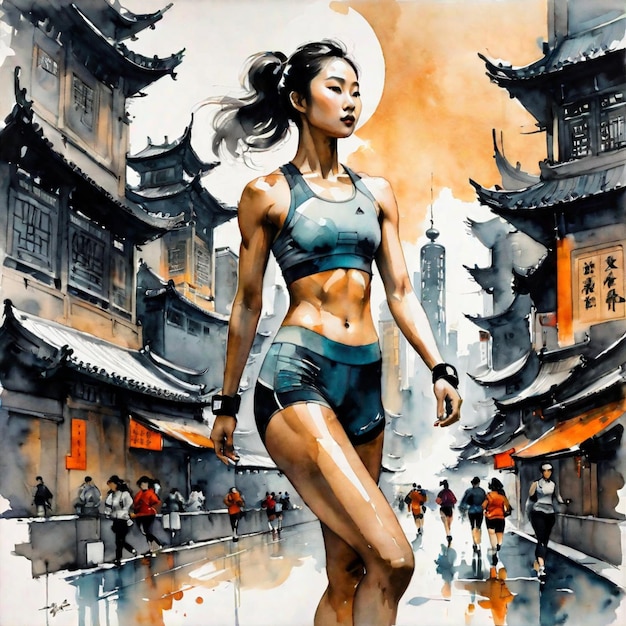 female fitness athelete in a futuristic city