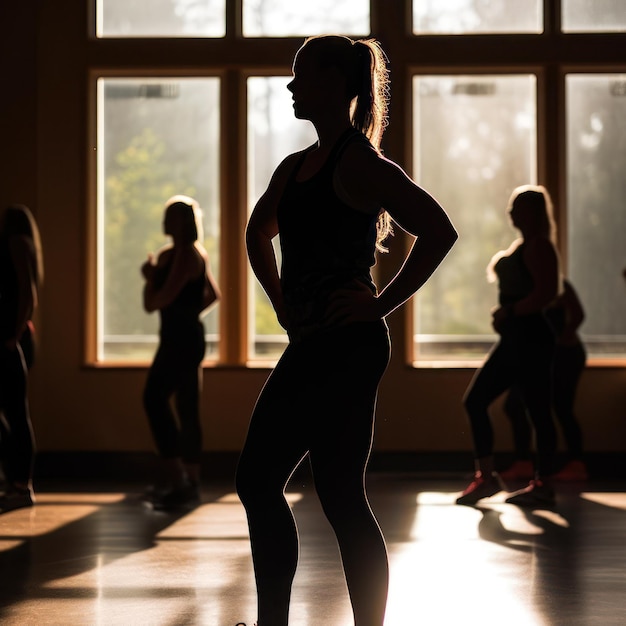 Female fitness in the gym silhouettes of women involved in sports with sundown background generative ai
