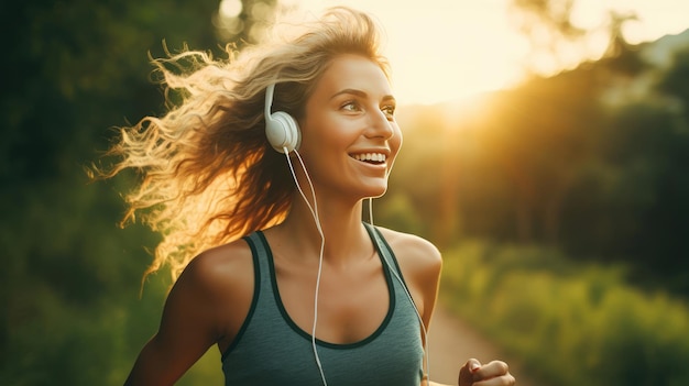 Photo female fitness runner listens to music during training outdoors