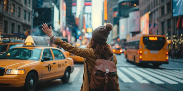 Female flagging down a cab on urban street