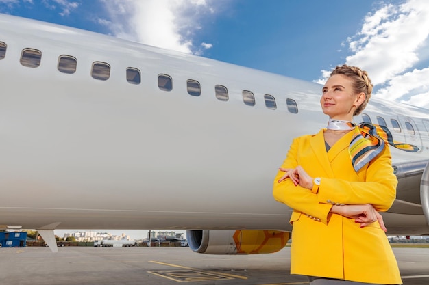 비행장에서 상업용 항공기 근처에 서 있는 노란색 항공 제복을 입은 여성 승무원