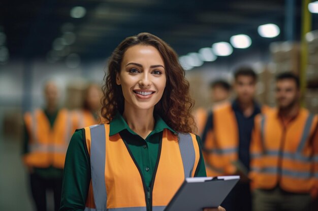 Female floor manager in a distribution center warehouse holding a clipboard