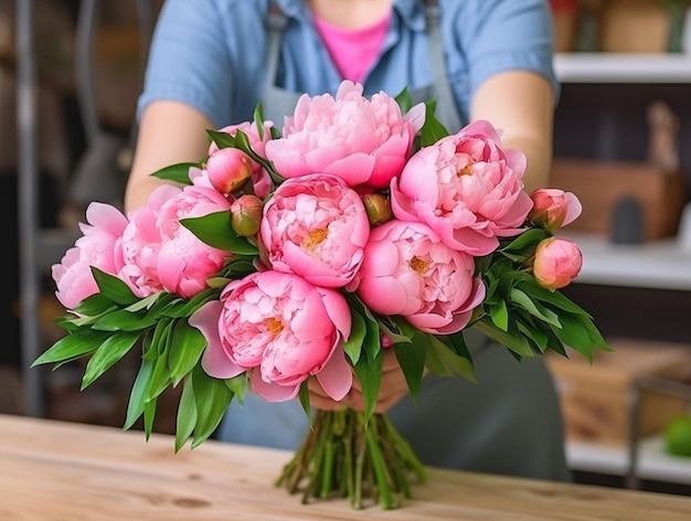 Female florist making a bouquet of pink peonies