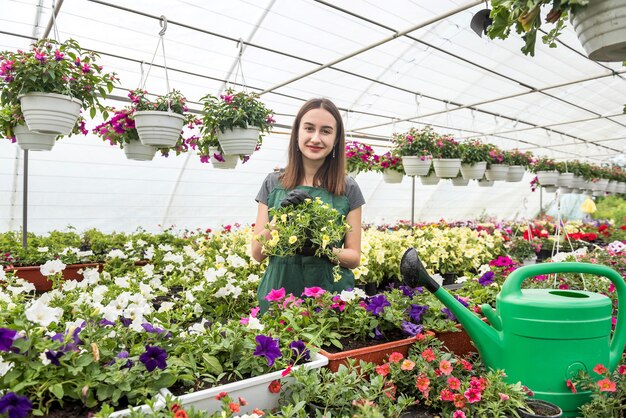 Female florist in overalls takes care of flowers in a greenhouse