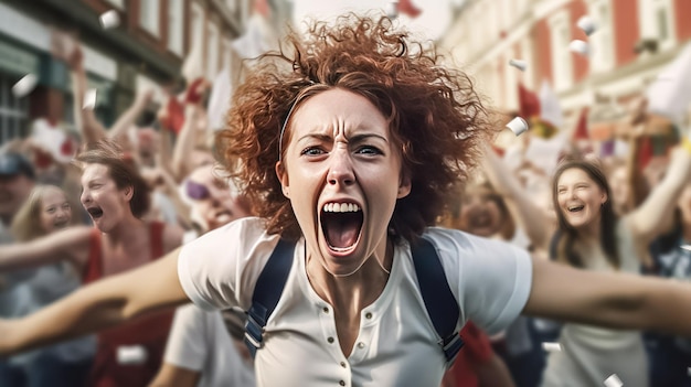 Foto a female football fan exults in joy celebrating her favorite teams victory