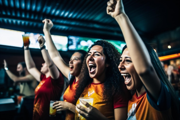 Foto tifosi di calcio femminili che celebrano una partita di coppa del mondo in un pub