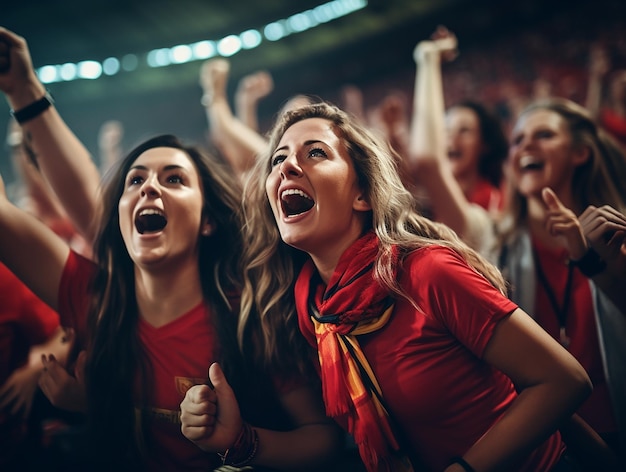 Female football fans filling the stadium cheering for winning