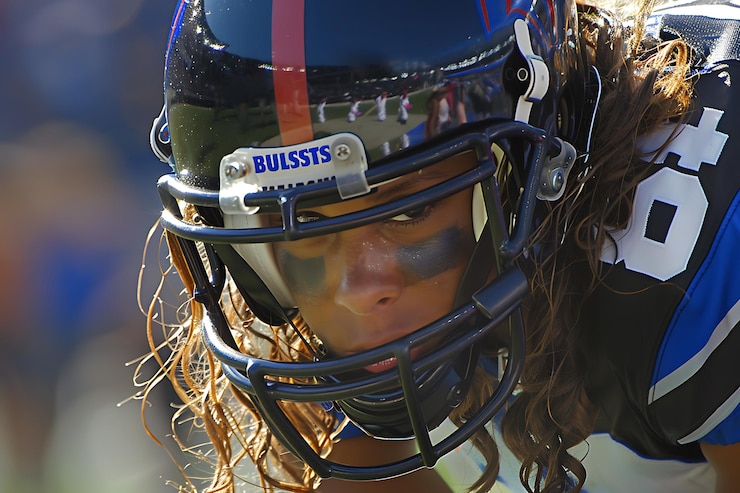 Photo female football player in helmet with determined look