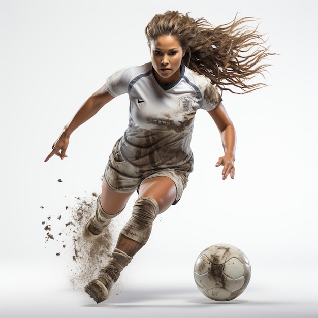 Photo female football player kicking ball