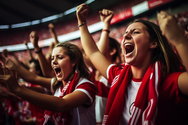 Foto tifosi di calcio femminili che celebrano una partita di coppa del mondo in uno stadio