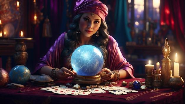 Female fortune teller with crystal globe and tarot cards on table