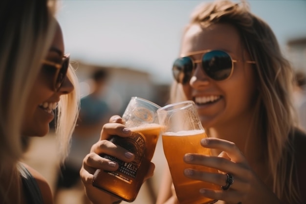 Female friends cheering with beer at music festival summer beach party