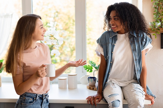 自宅のキッチンで会話する女友達