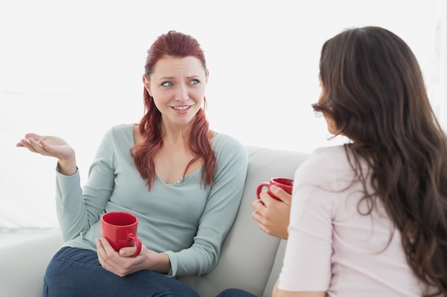 Female friends enjoying a chat over coffee at home