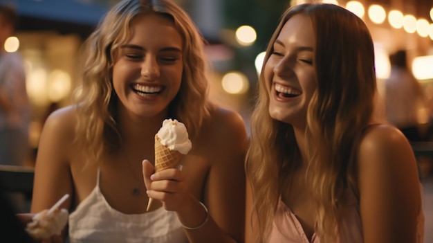 Женщины-друзья-развлекаются и едят мороженое Генеративный ИИ