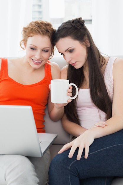 Женщины-друзья, используя ноутбук вместе дома