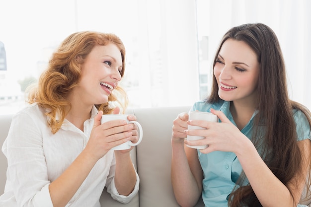 自宅で会話を楽しむコーヒーを飲む女性の友達