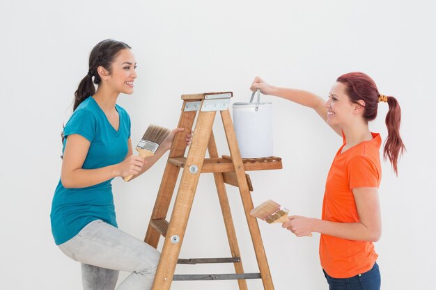 Female friends with paint brushes and ladder